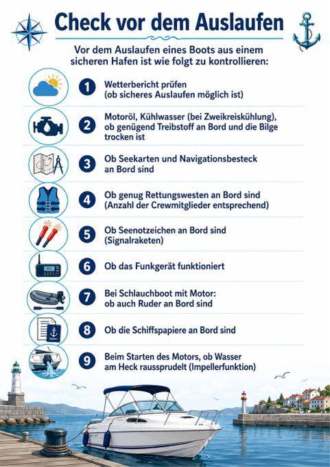 Eine umfassende Checkliste mit Sicherheitshinweisen für das Auslaufen eines Bootes, die Überprüfungen von Wetter, Kraftstoff, Ausrüstung und Navigatio
